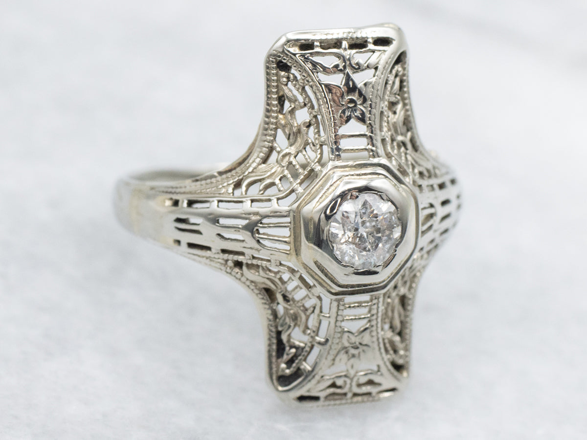 Art Deco Filigree Dinner Ring with Old Mine Cut Diamond Center