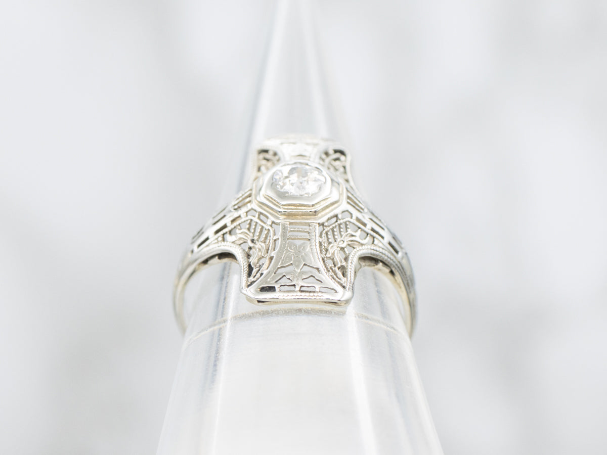 Art Deco Filigree Dinner Ring with Old Mine Cut Diamond Center