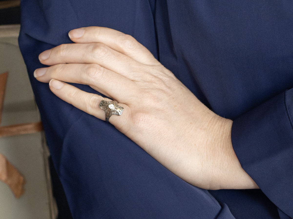 Art Deco Filigree Dinner Ring with Old Mine Cut Diamond Center