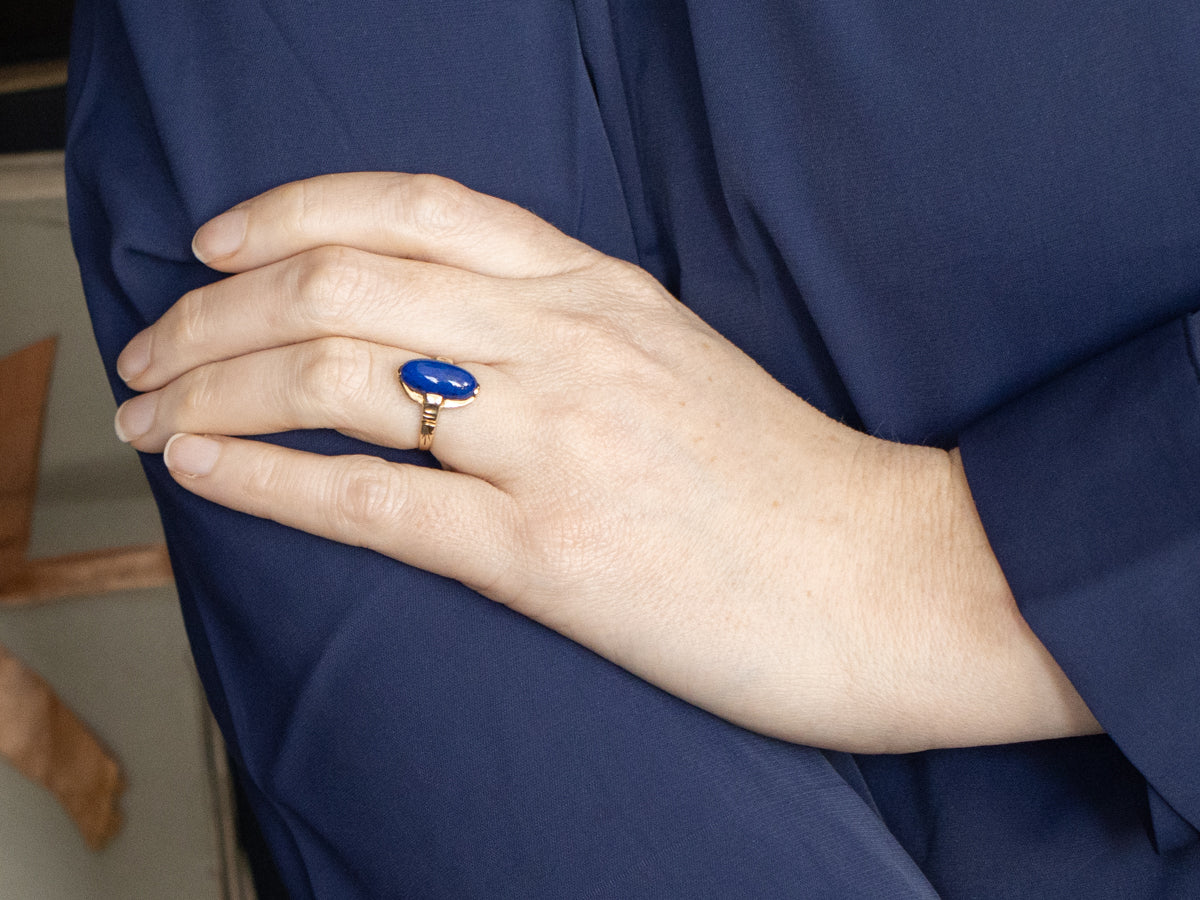 Vintage Lapis and Gold Solitaire Cabochon Ring