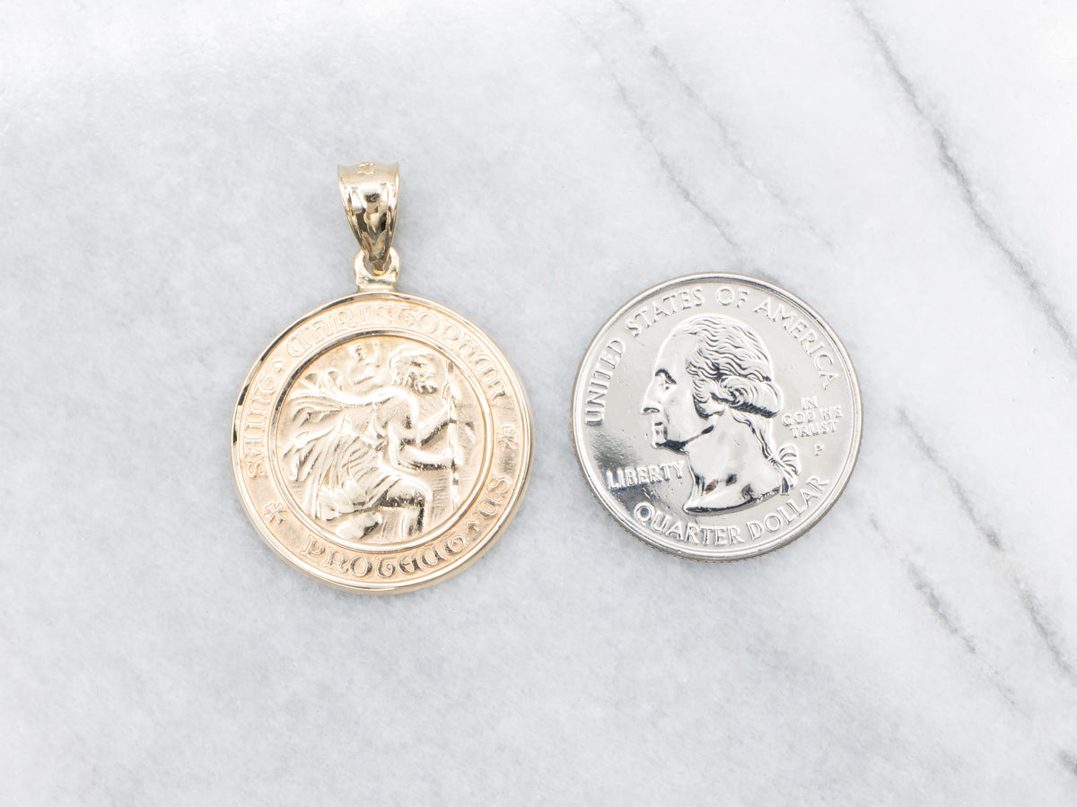 Large Gold Saint Christopher Religious Medallion