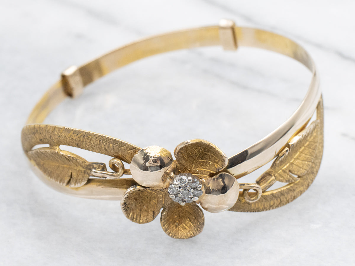 Textured Floral Gold Bangle Bracelet with Diamond Cluster