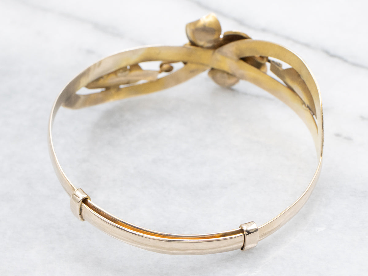 Textured Floral Gold Bangle Bracelet with Diamond Cluster