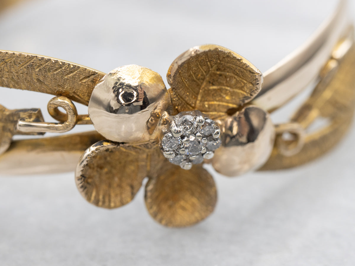 Textured Floral Gold Bangle Bracelet with Diamond Cluster