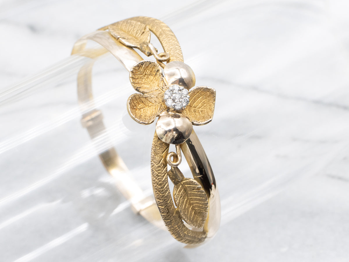 Textured Floral Gold Bangle Bracelet with Diamond Cluster