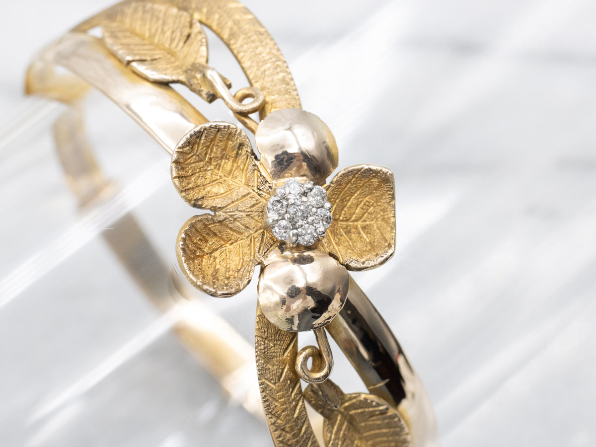 Textured Floral Gold Bangle Bracelet with Diamond Cluster