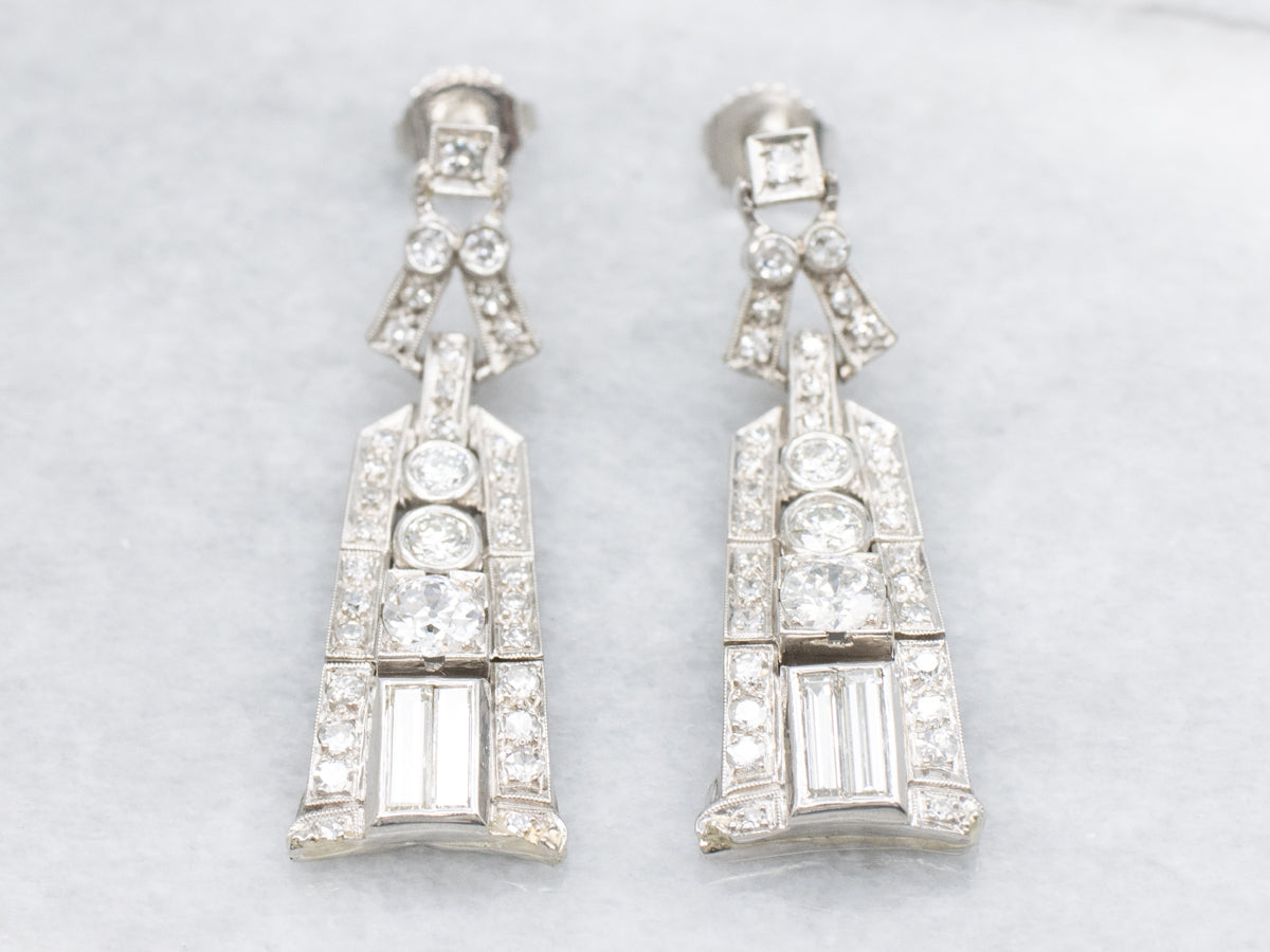 Platinum Old Hollywood Old Mine and European Cut Diamond Drop Earrings