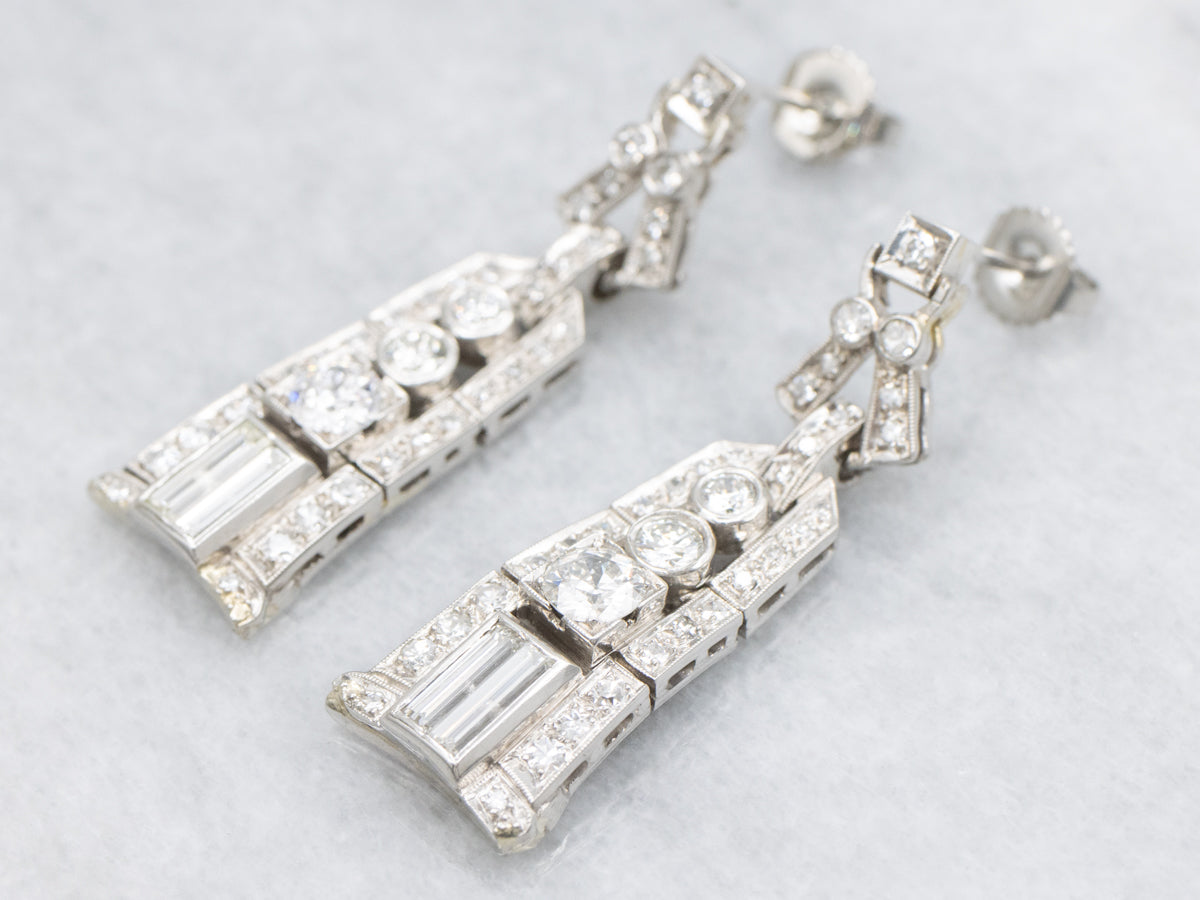 Platinum Old Hollywood Old Mine and European Cut Diamond Drop Earrings