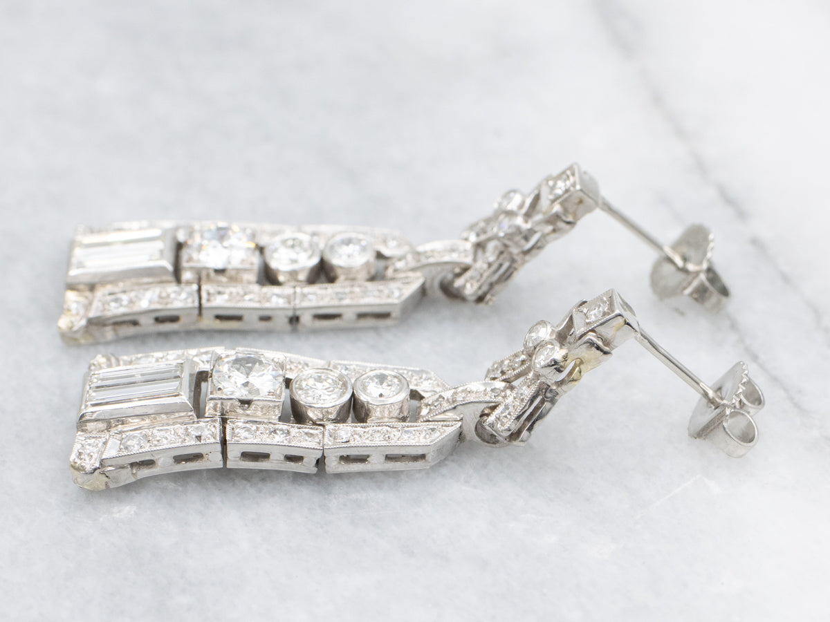 Platinum Old Hollywood Old Mine and European Cut Diamond Drop Earrings