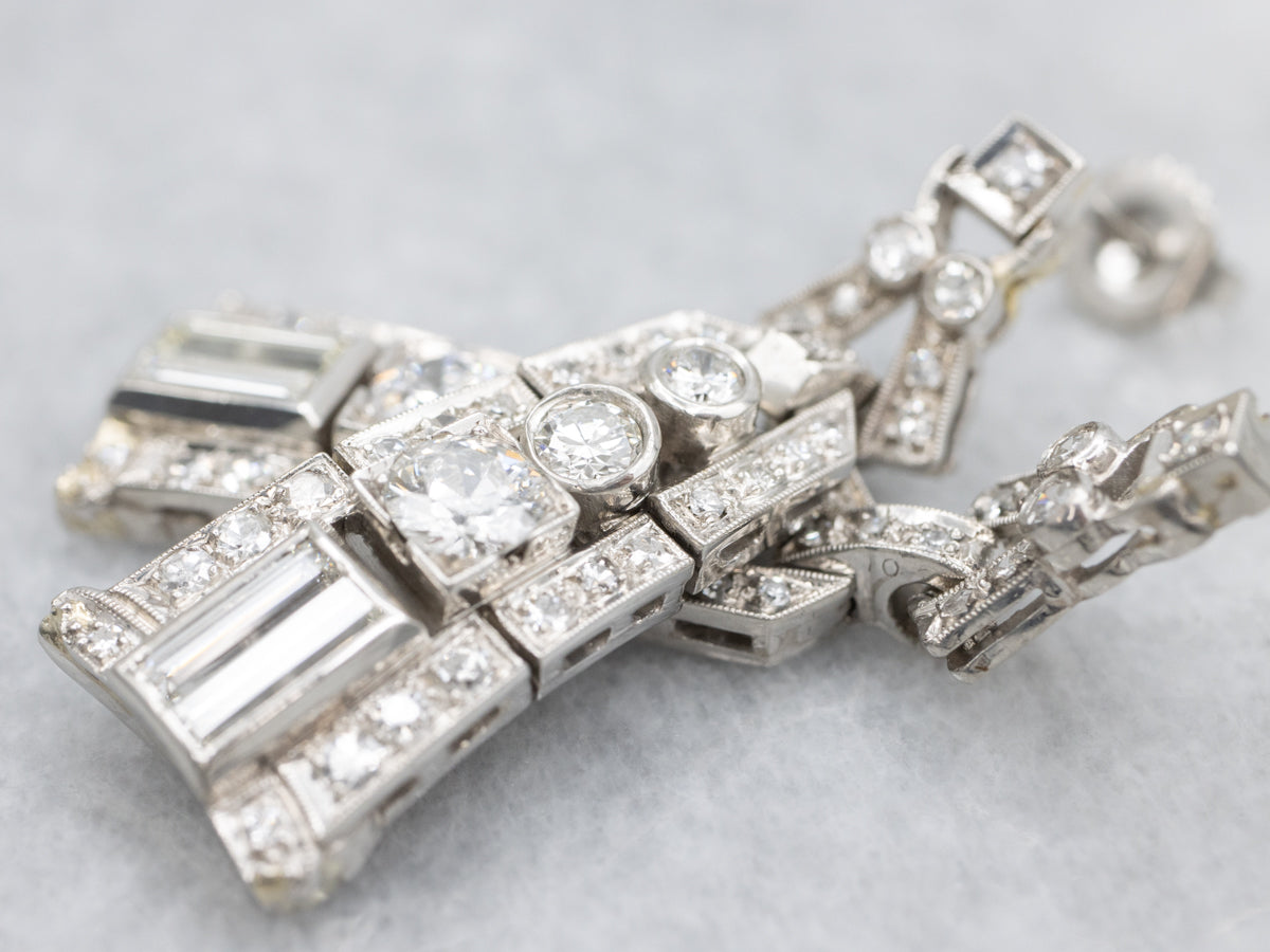 Platinum Old Hollywood Old Mine and European Cut Diamond Drop Earrings