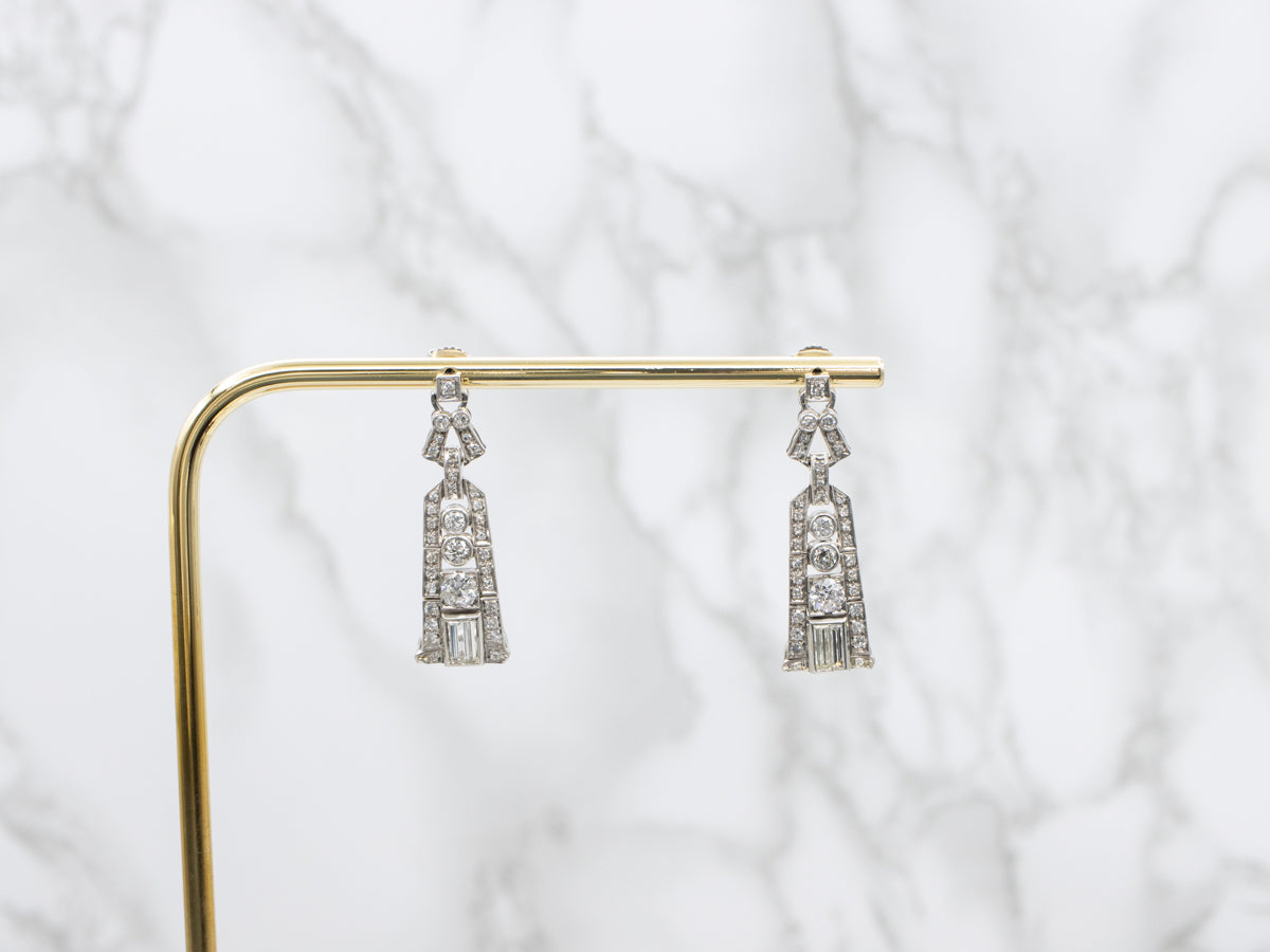Platinum Old Hollywood Old Mine and European Cut Diamond Drop Earrings