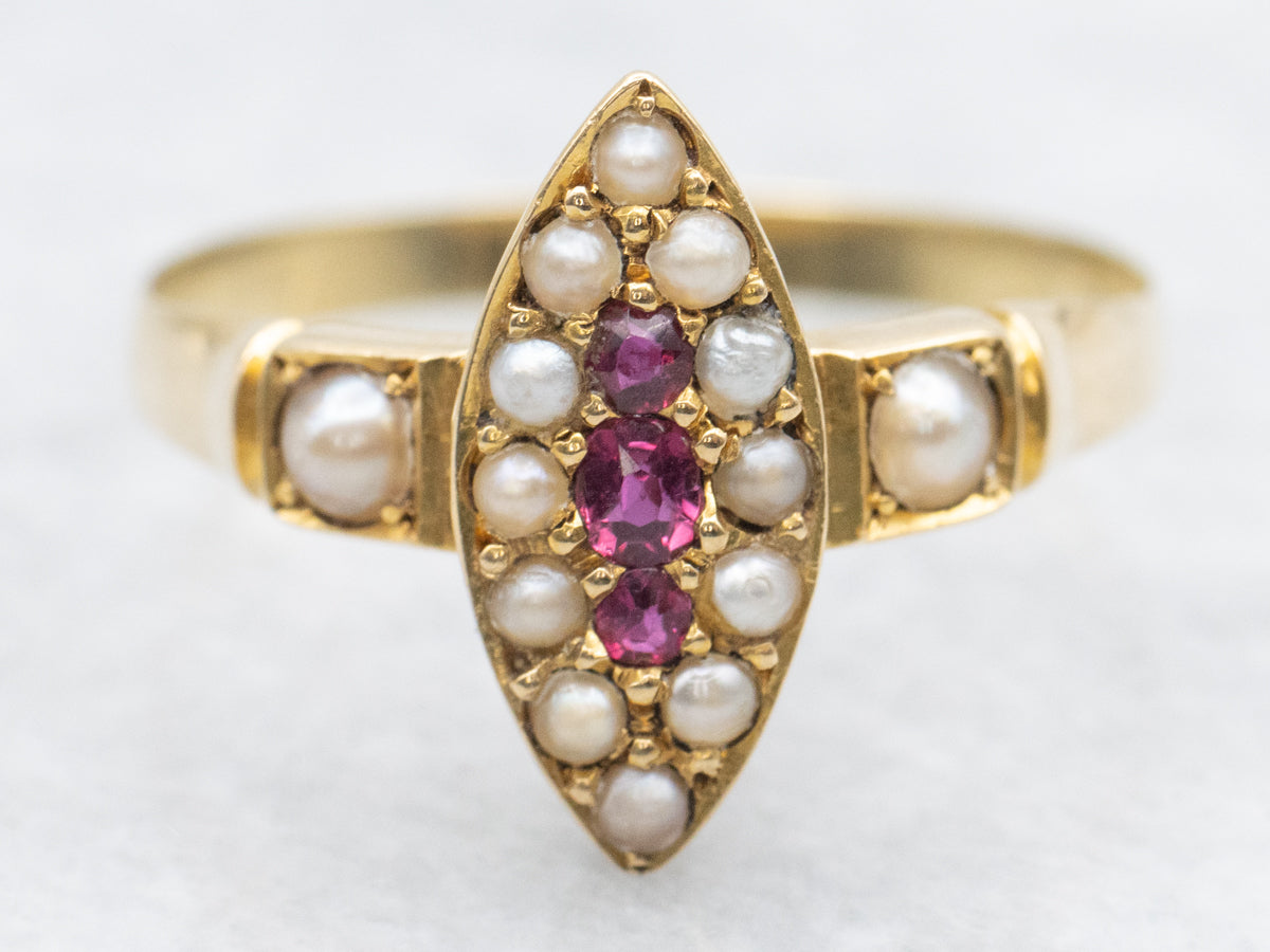 Victorian Ruby and Seed Pearl Halo Navette Ring