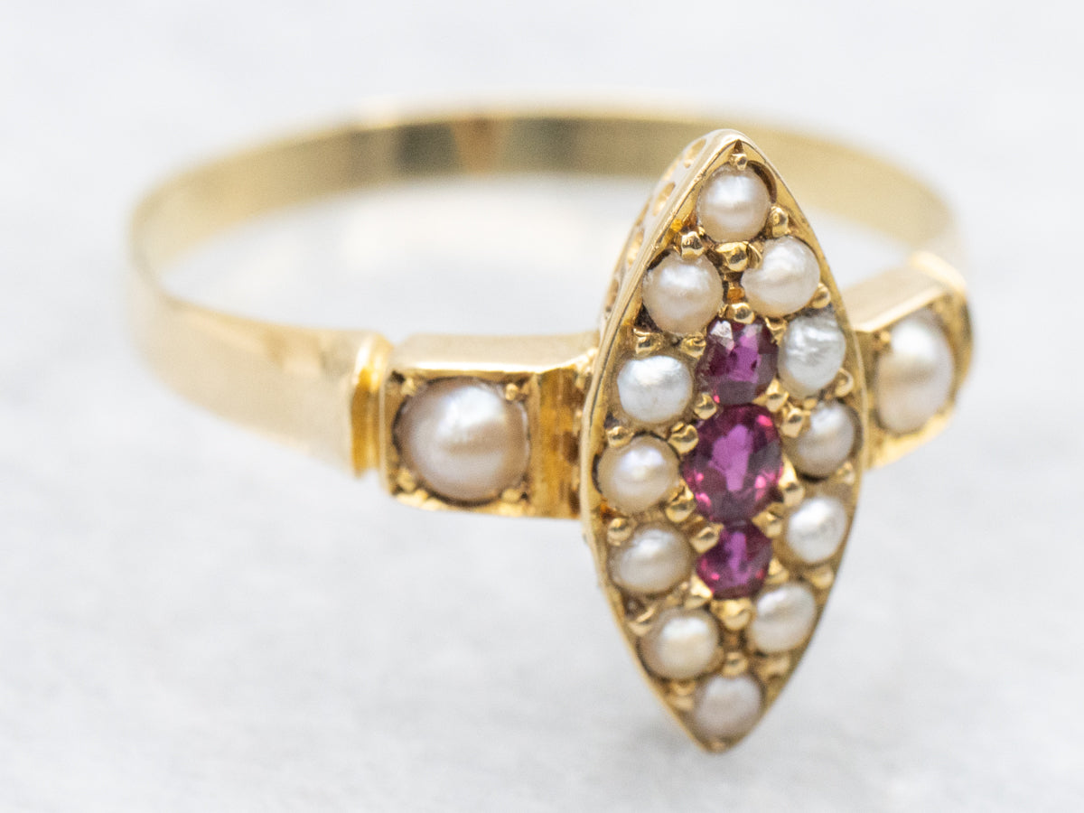 Victorian Ruby and Seed Pearl Halo Navette Ring