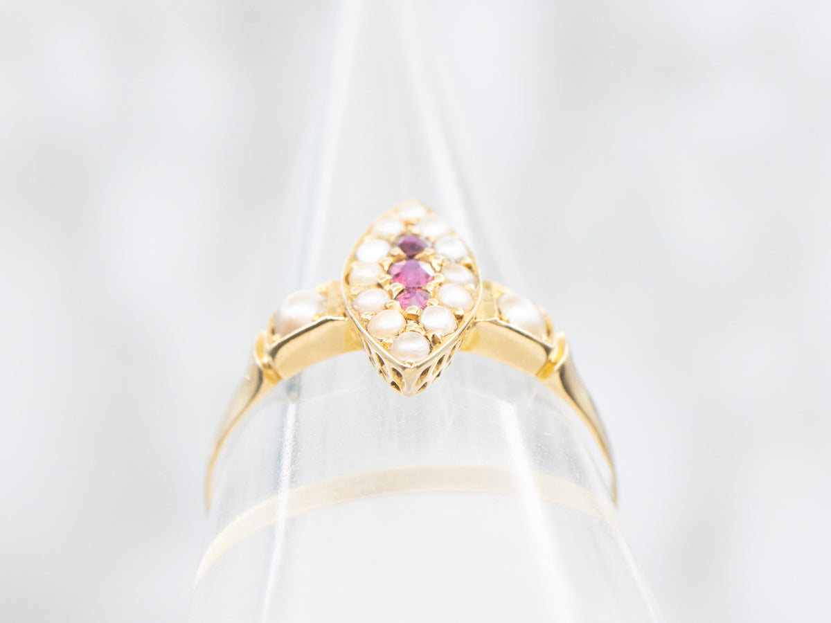 Victorian Ruby and Seed Pearl Halo Navette Ring