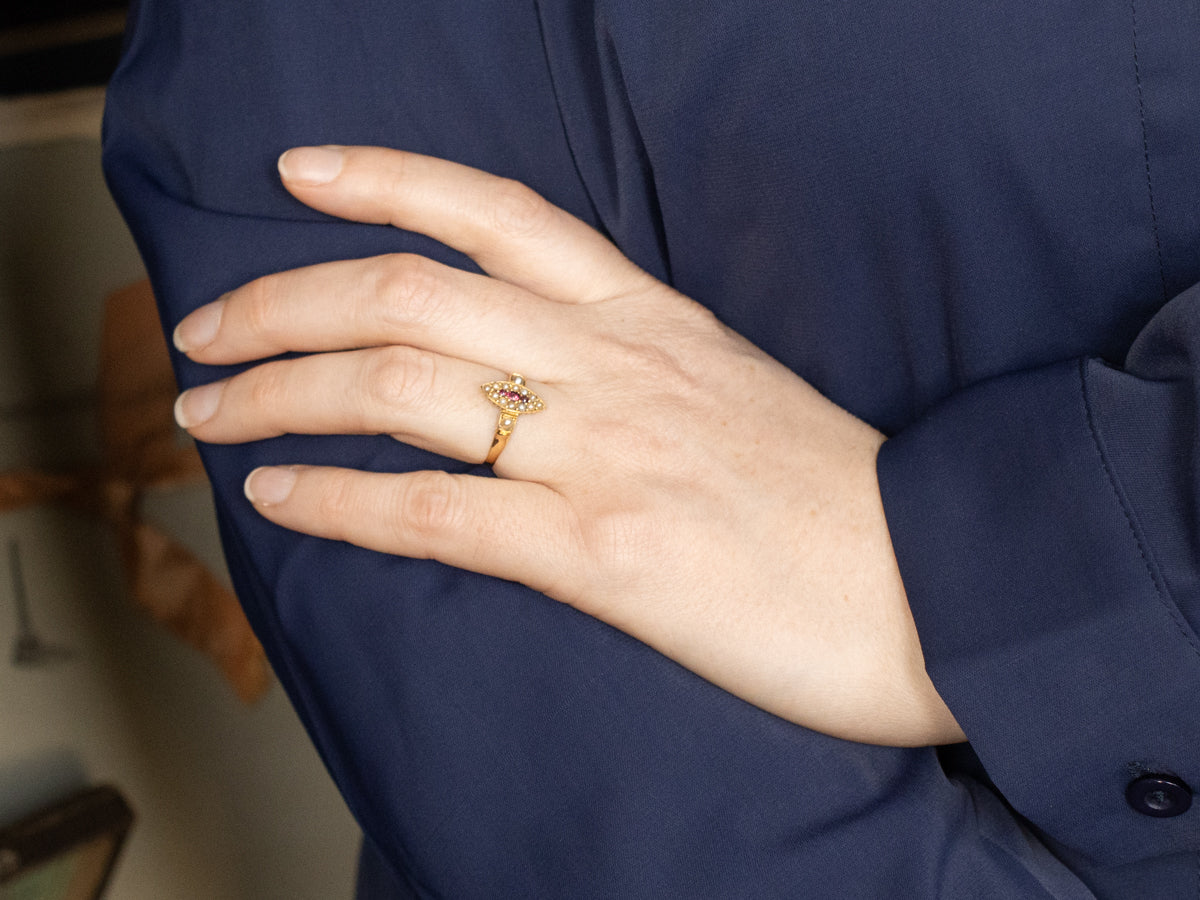 Victorian Ruby and Seed Pearl Halo Navette Ring