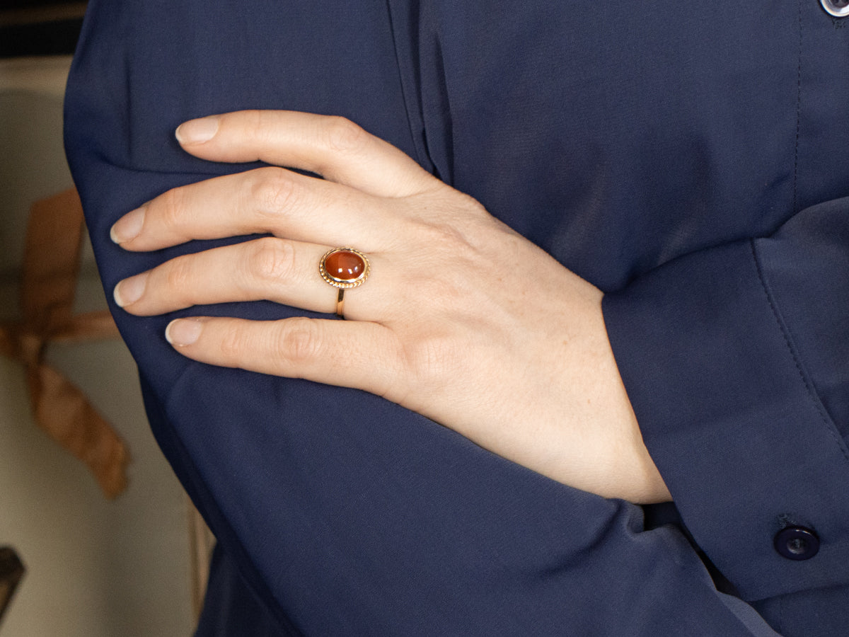 Vintage Bezel Set Carnelian Oval Ring with Rope Border
