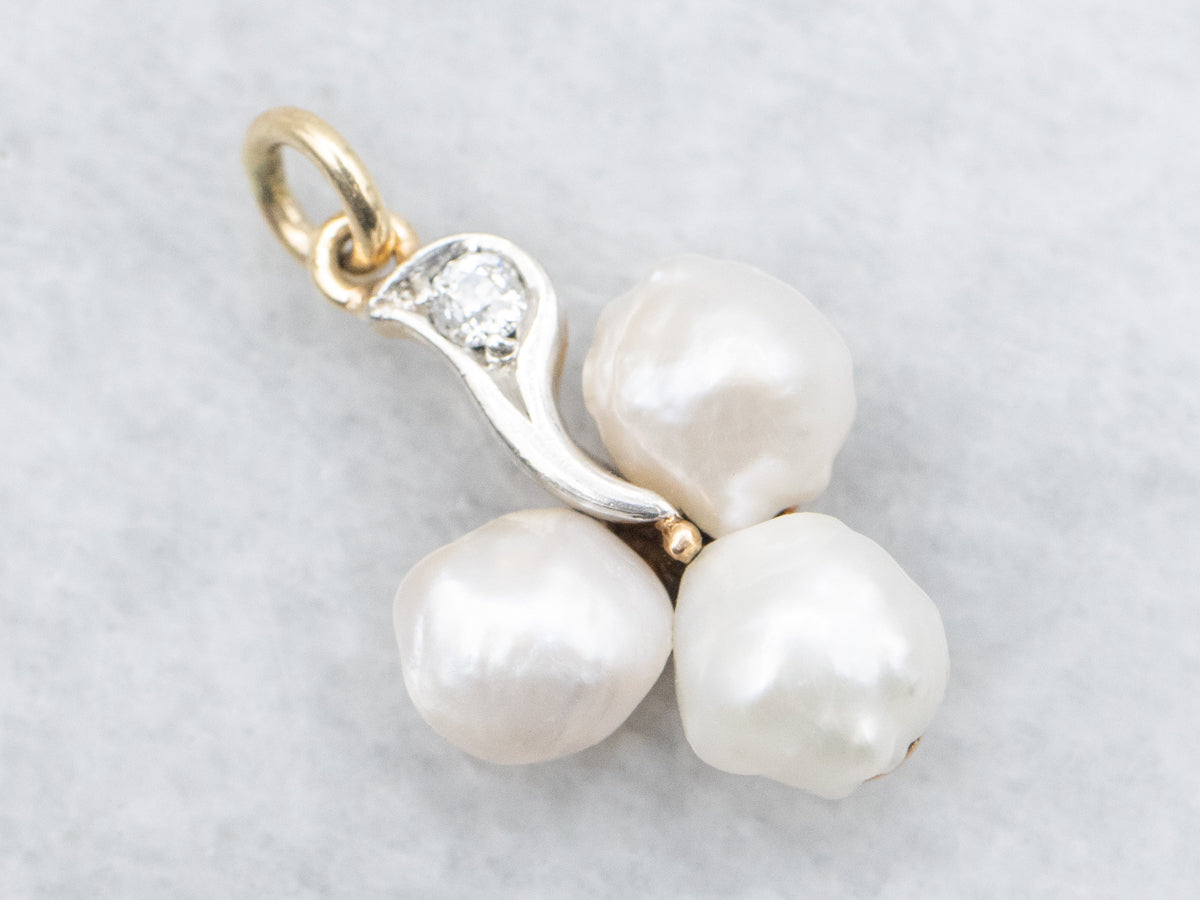 Vintage Baroque Pearl Trio Old Mine Cut Diamond Pendant