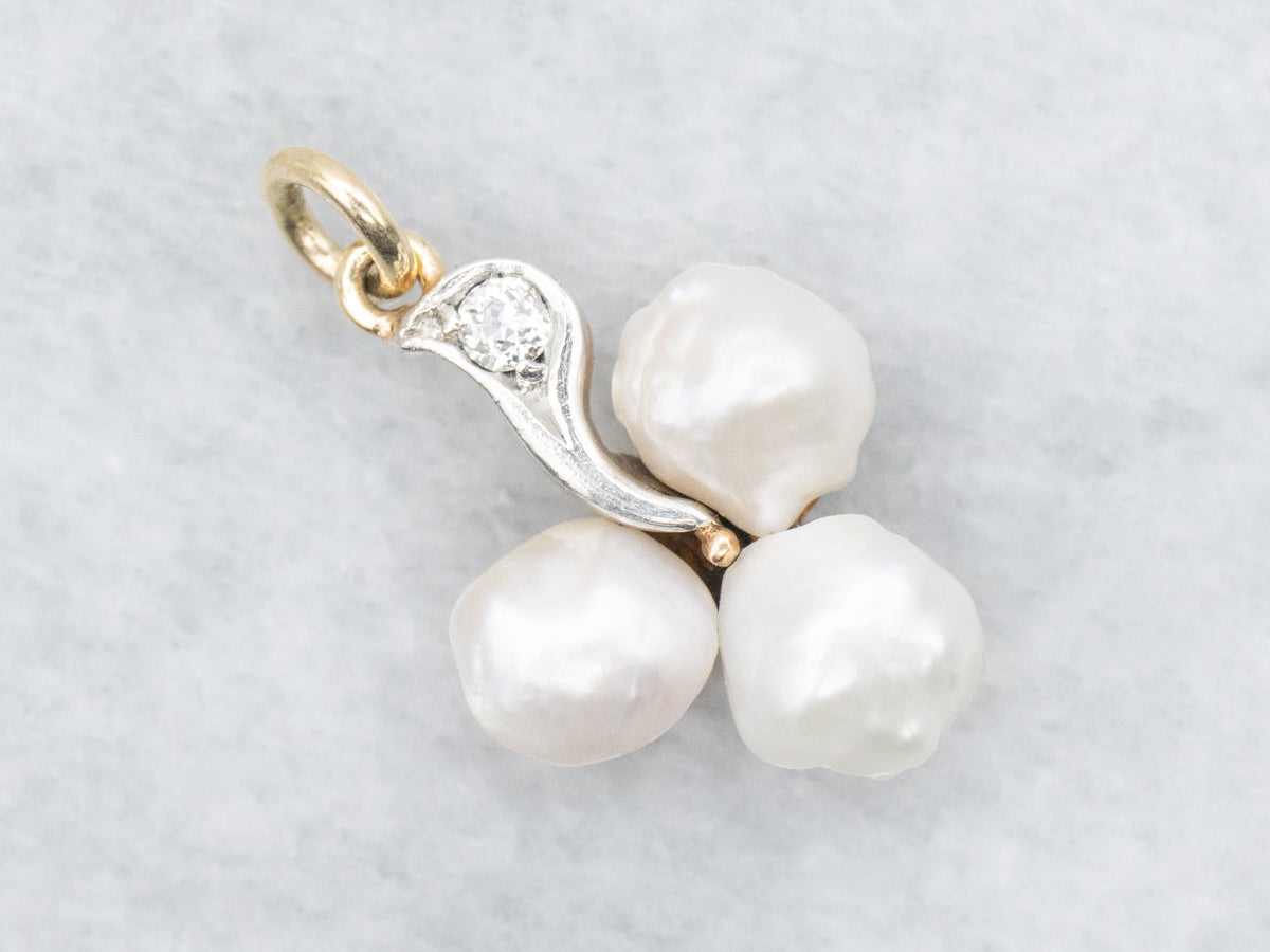 Vintage Baroque Pearl Trio Old Mine Cut Diamond Pendant
