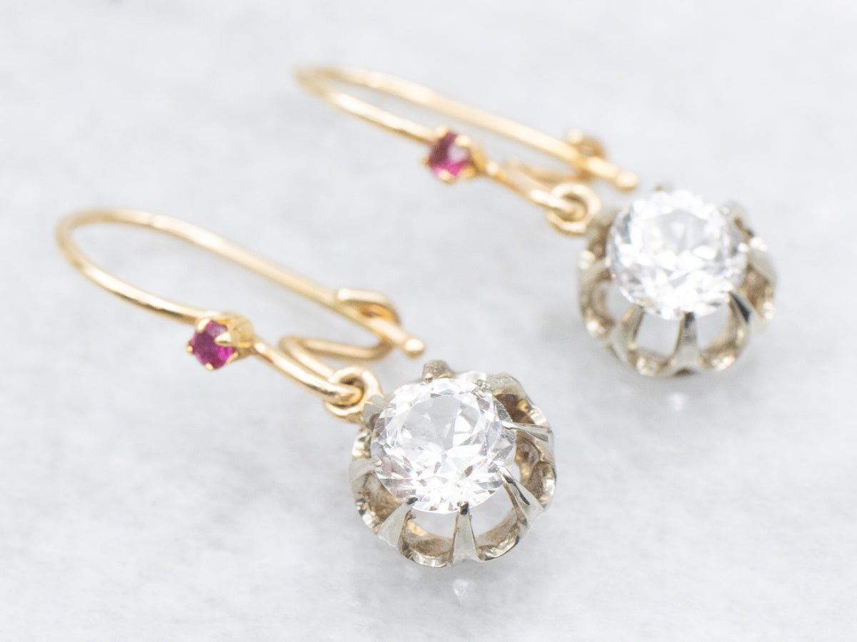 Buttercup White Sapphire and Ruby Drop Earrings
