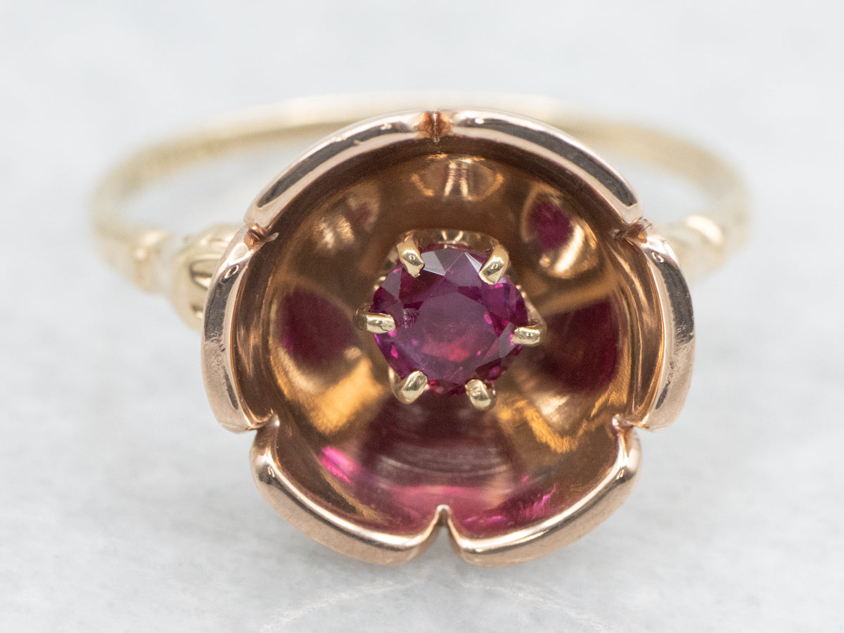 Vintage Two Tone Ruby Flower Ring