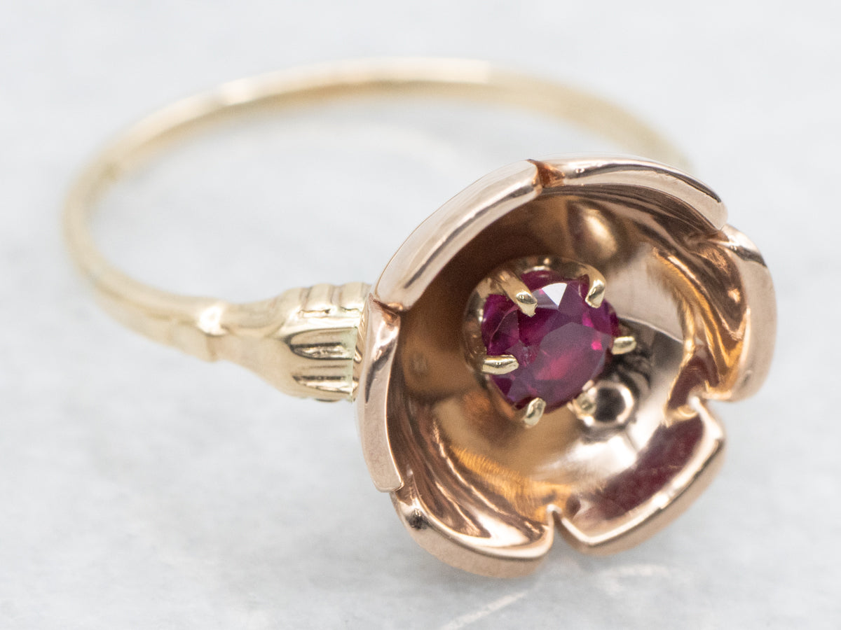 Vintage Two Tone Ruby Flower Ring