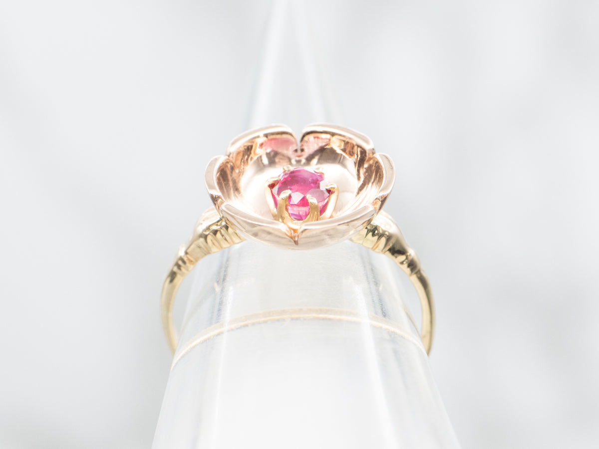 Vintage Two Tone Ruby Flower Ring