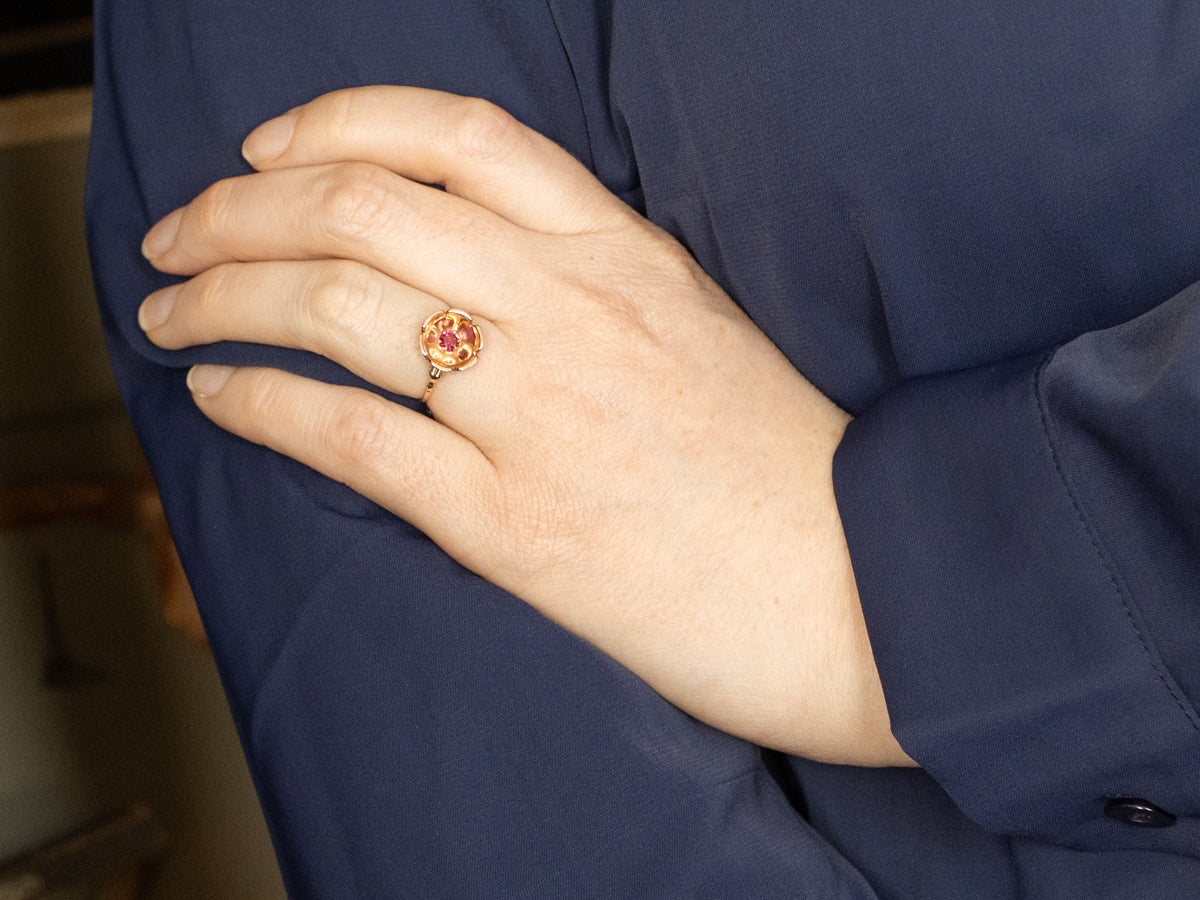 Vintage Two Tone Ruby Flower Ring