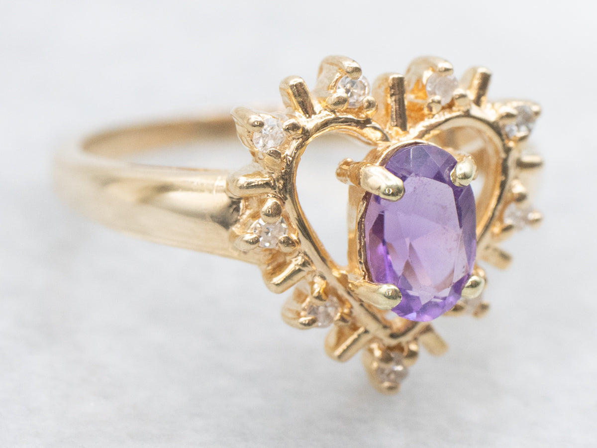 Amethyst and Diamond Heart Shaped Halo Ring
