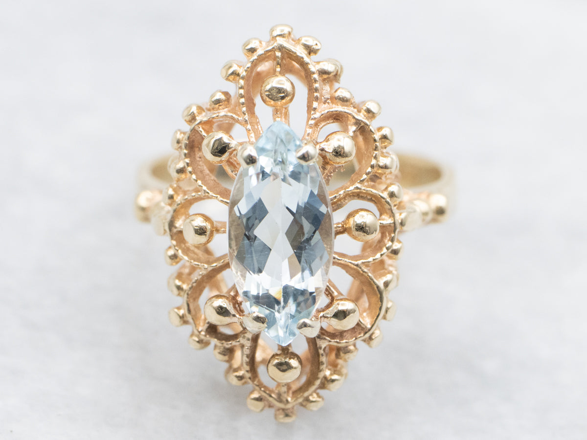Ornate Aquamarine Marquise-Cut Ring