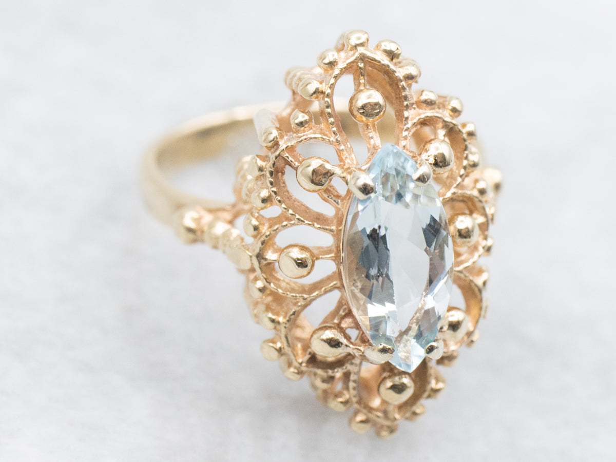 Ornate Aquamarine Marquise-Cut Ring
