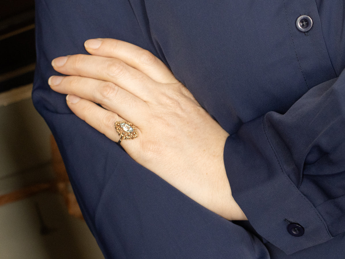 Ornate Aquamarine Marquise-Cut Ring
