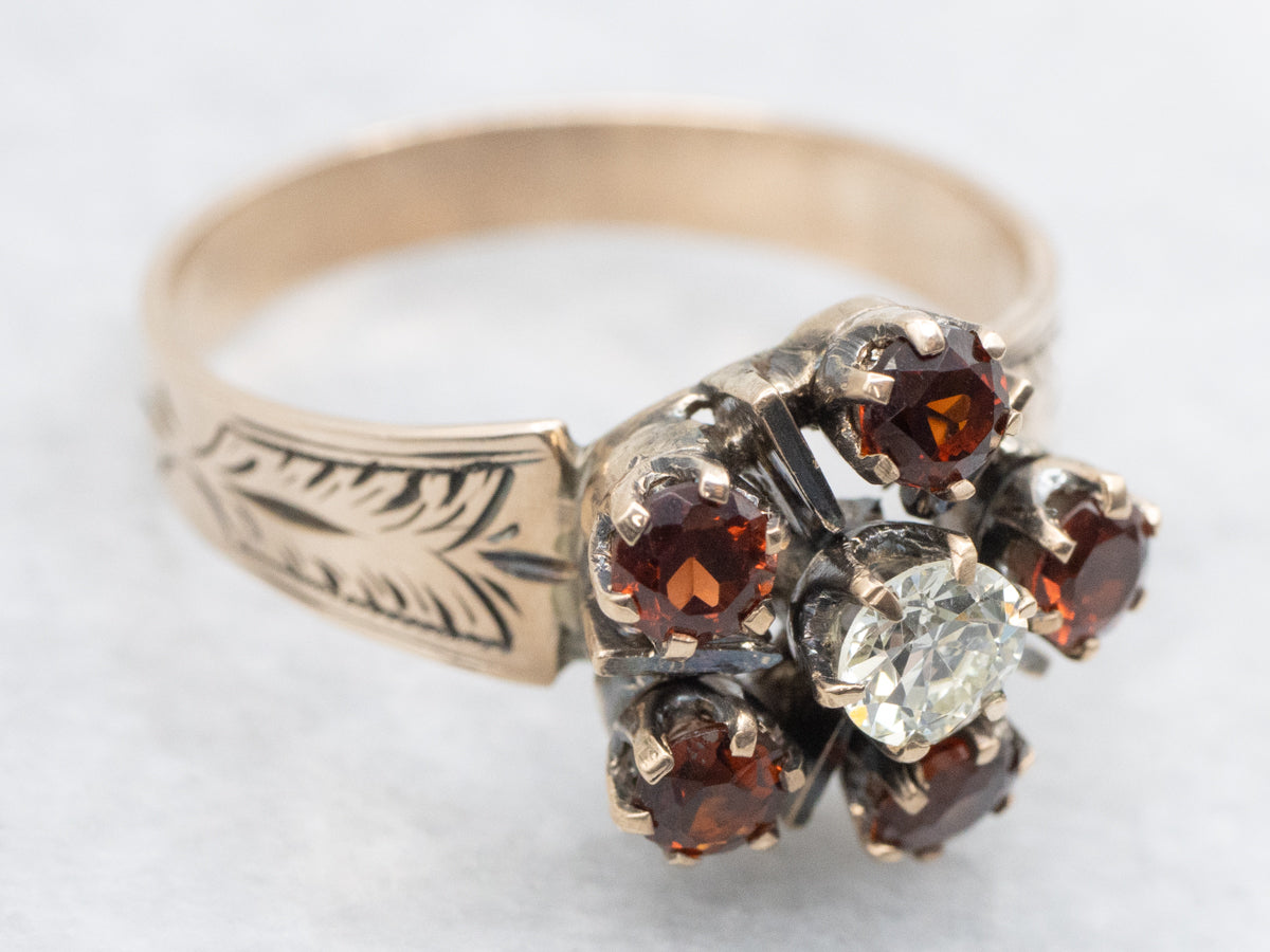 Victorian Old European Cut Diamond and Garnet Halo Ring