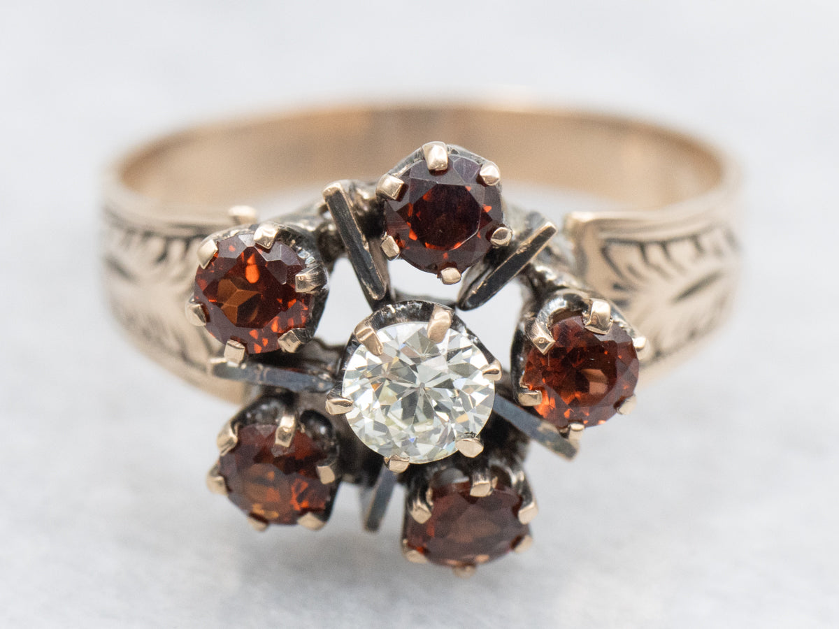 Victorian Old European Cut Diamond and Garnet Halo Ring