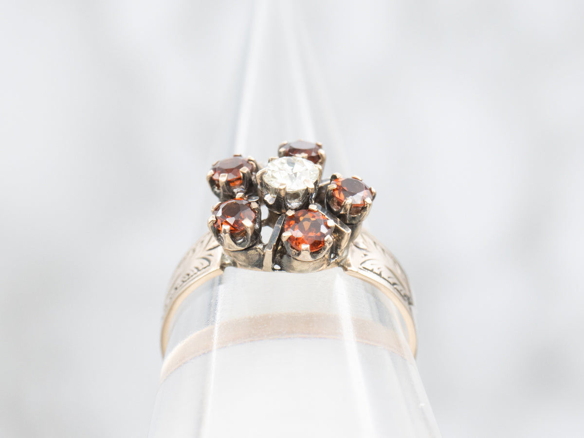 Victorian Old European Cut Diamond and Garnet Halo Ring