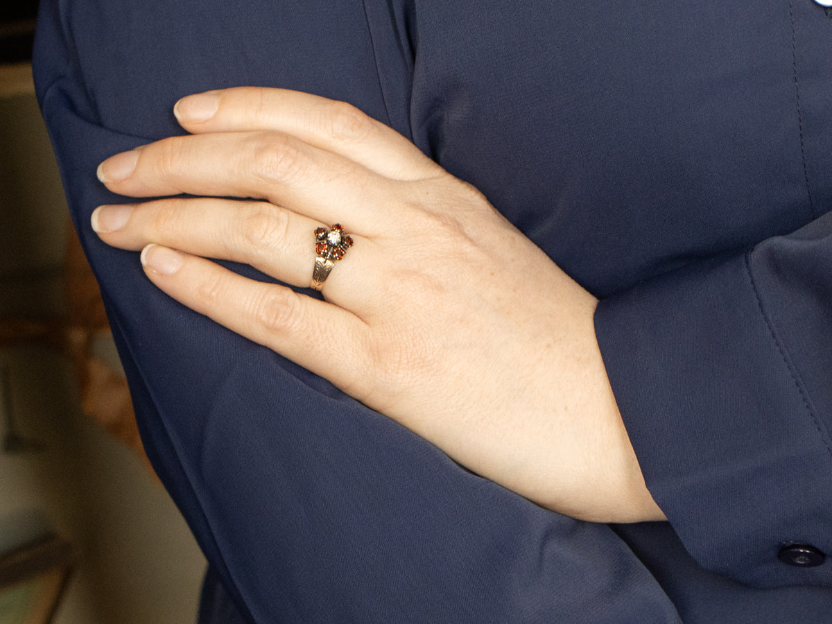 Victorian Old European Cut Diamond and Garnet Halo Ring