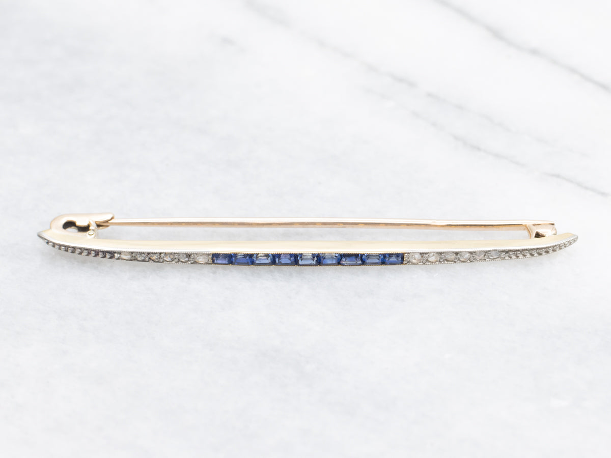Antique Sapphire and Rose Cut Diamond Bar Pin