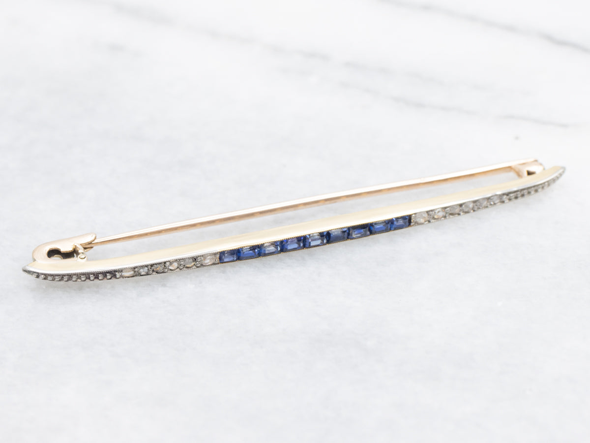 Antique Sapphire and Rose Cut Diamond Bar Pin