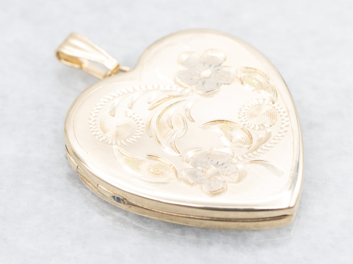 Vintage Gold Floral Etched Heart Shaped Locket
