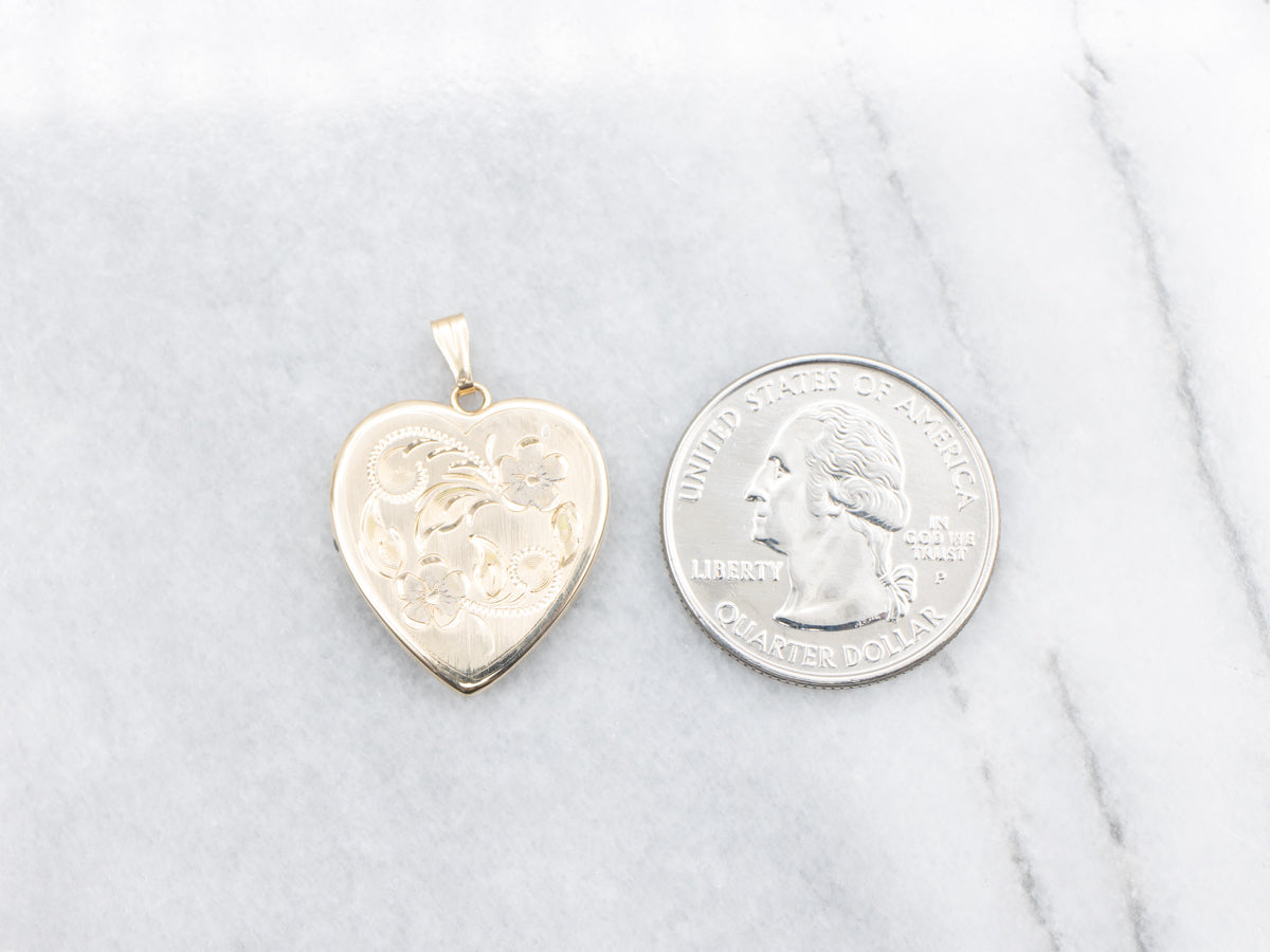 Vintage Gold Floral Etched Heart Shaped Locket