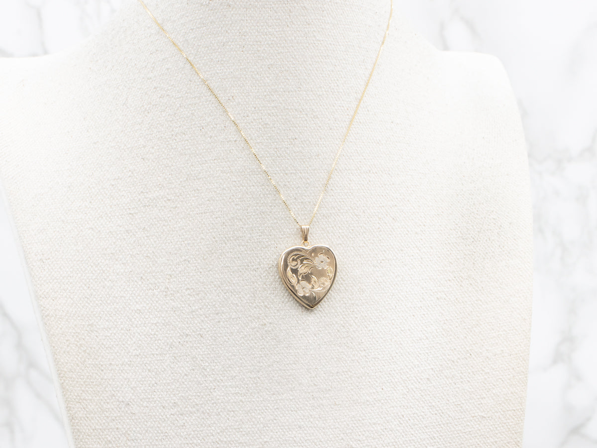 Vintage Gold Floral Etched Heart Shaped Locket