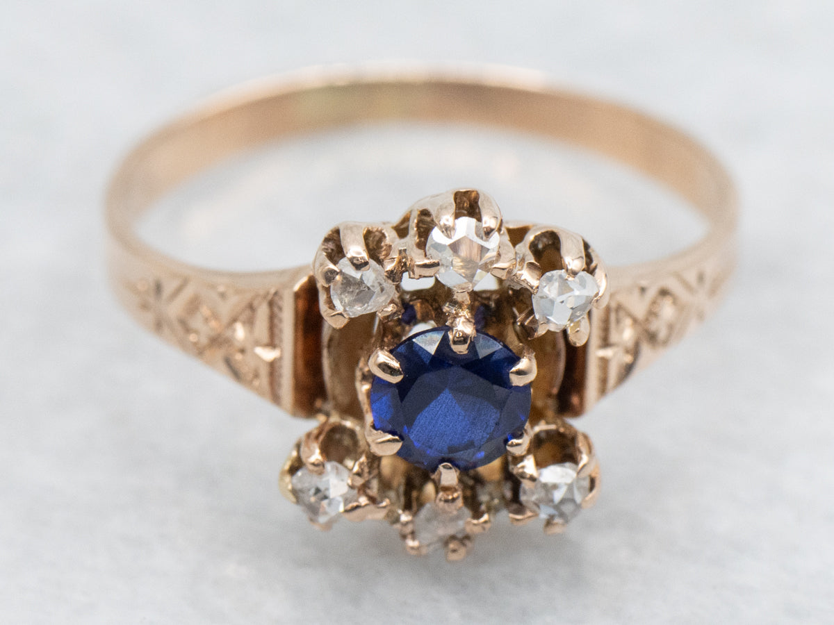Antique Victorian Sapphire Ring with Original Rose Cut Accent Diamonds