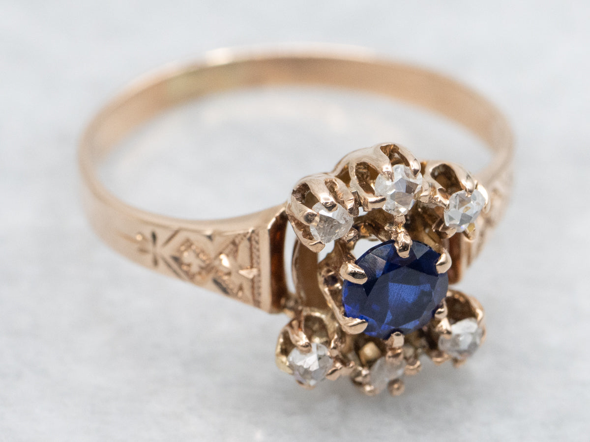 Antique Victorian Sapphire Ring with Original Rose Cut Accent Diamonds