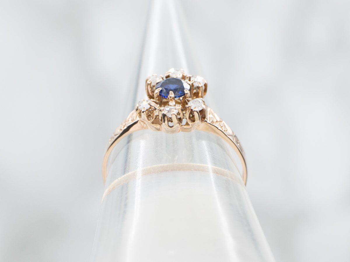 Antique Victorian Sapphire Ring with Original Rose Cut Accent Diamonds