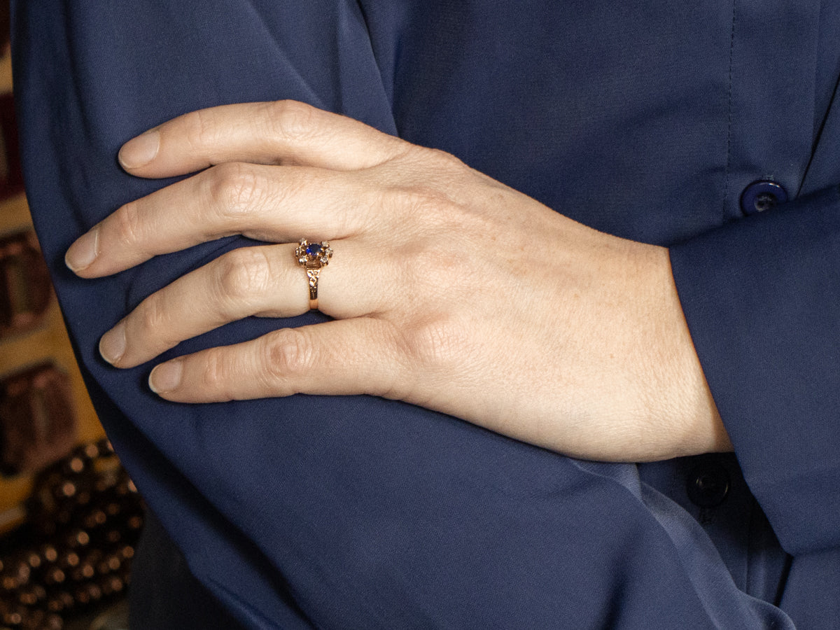 Antique Victorian Sapphire Ring with Original Rose Cut Accent Diamonds