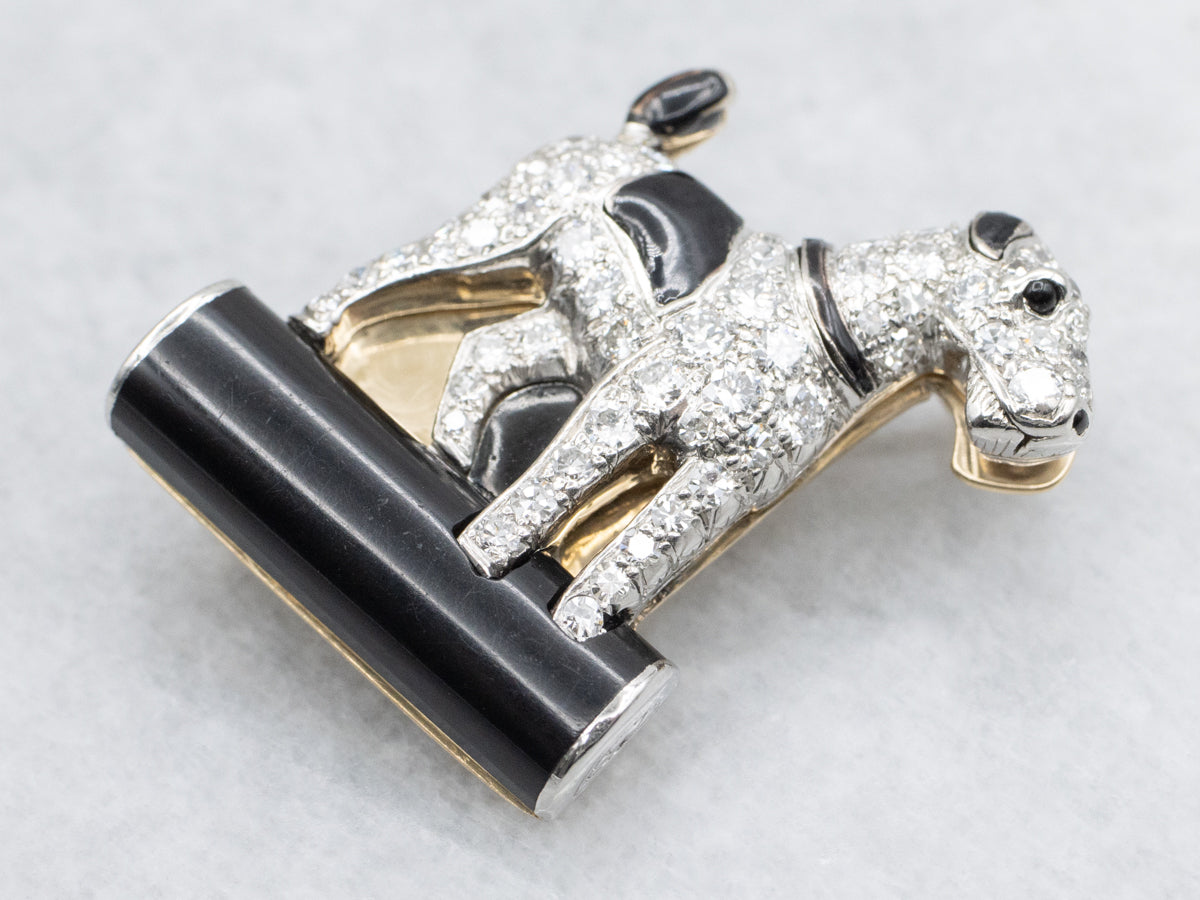 Vintage Platinum Diamond Encrusted Black Enamel Fox Terrier Pin