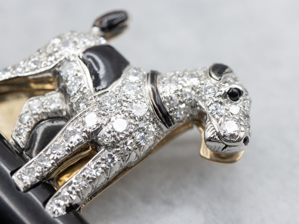 Vintage Platinum Diamond Encrusted Black Enamel Fox Terrier Pin