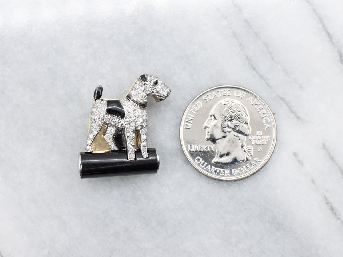 Vintage Platinum Diamond Encrusted Black Enamel Fox Terrier Pin