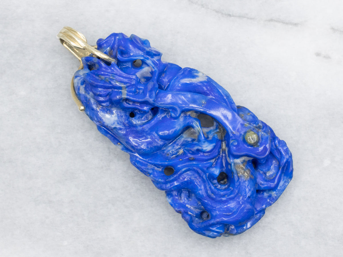 Yellow Gold Carved Lapis Pendant