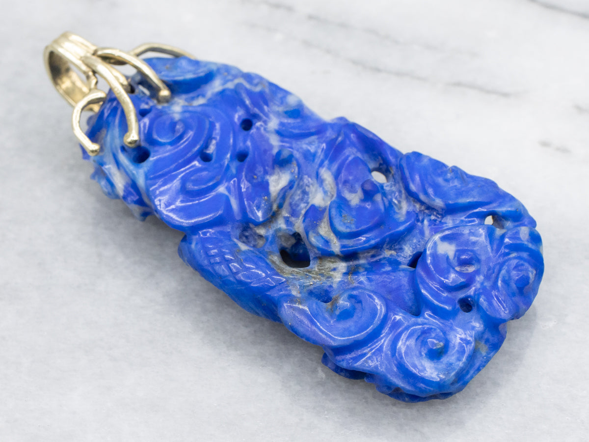 Yellow Gold Carved Lapis Pendant