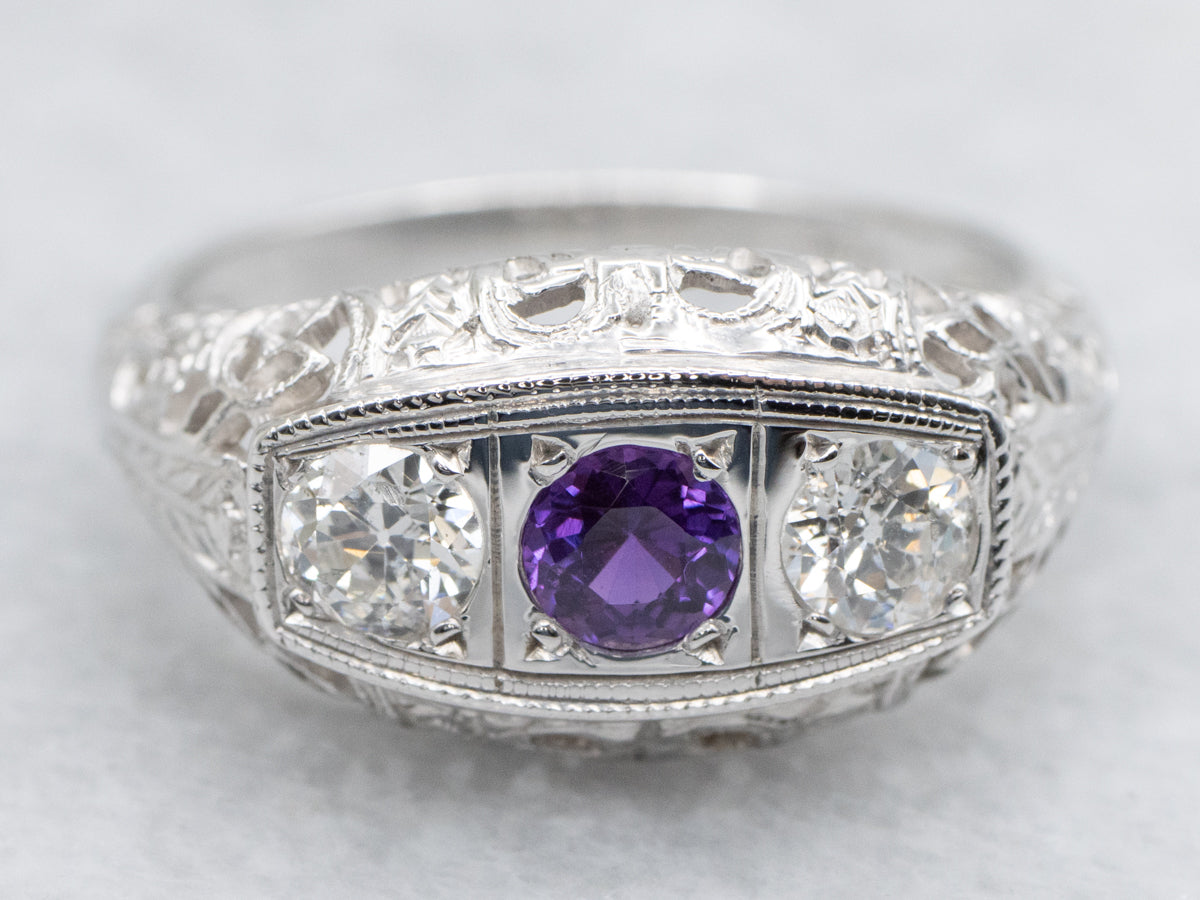 Art Deco Purple Sapphire and Diamond Three Stone Ring